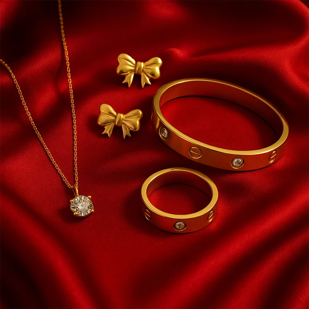 Cartier Inspired Love Bracelet Kada 18K Gold Plated + Minimal Diamond Love Ring Unisex + Diamond Necklace NLCP105G Gold Plated + Small Bow Earrings Gold Plated