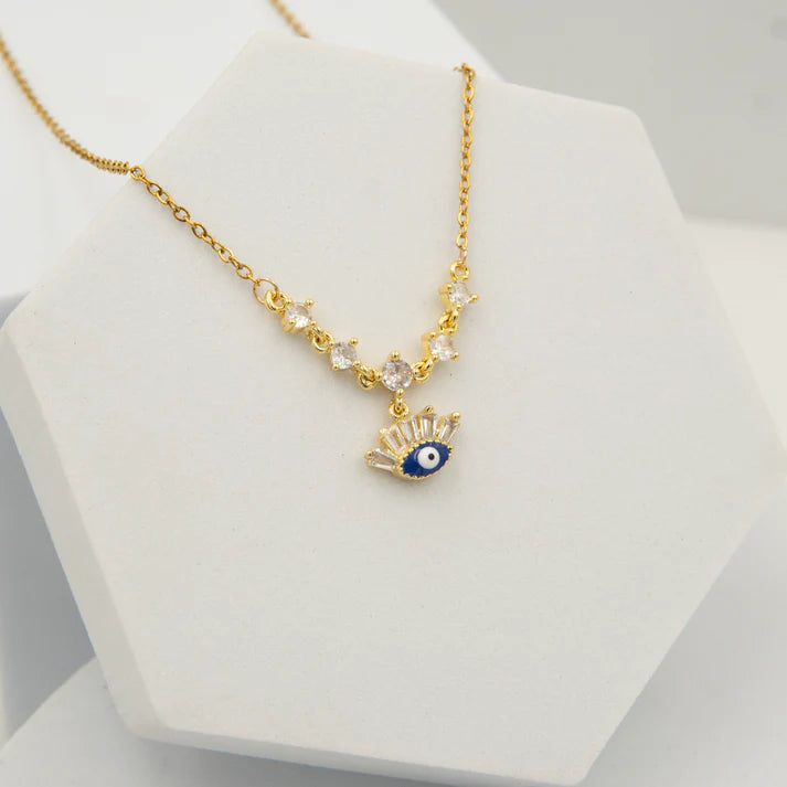 Illuminate Eye Necklace Gold Plated + Crown Evil Eye Diamond Necklace Gold Plated + Wrinkle Bow Earrings Gold Plated