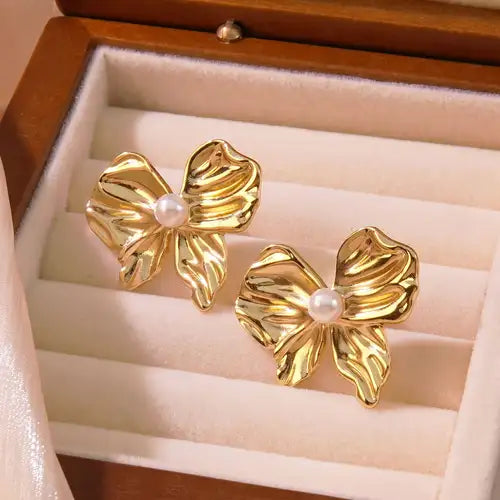 Pearl Wrinkle Bow Stud Earrings Gold Plated, Waterproof and Anti-Tarnish