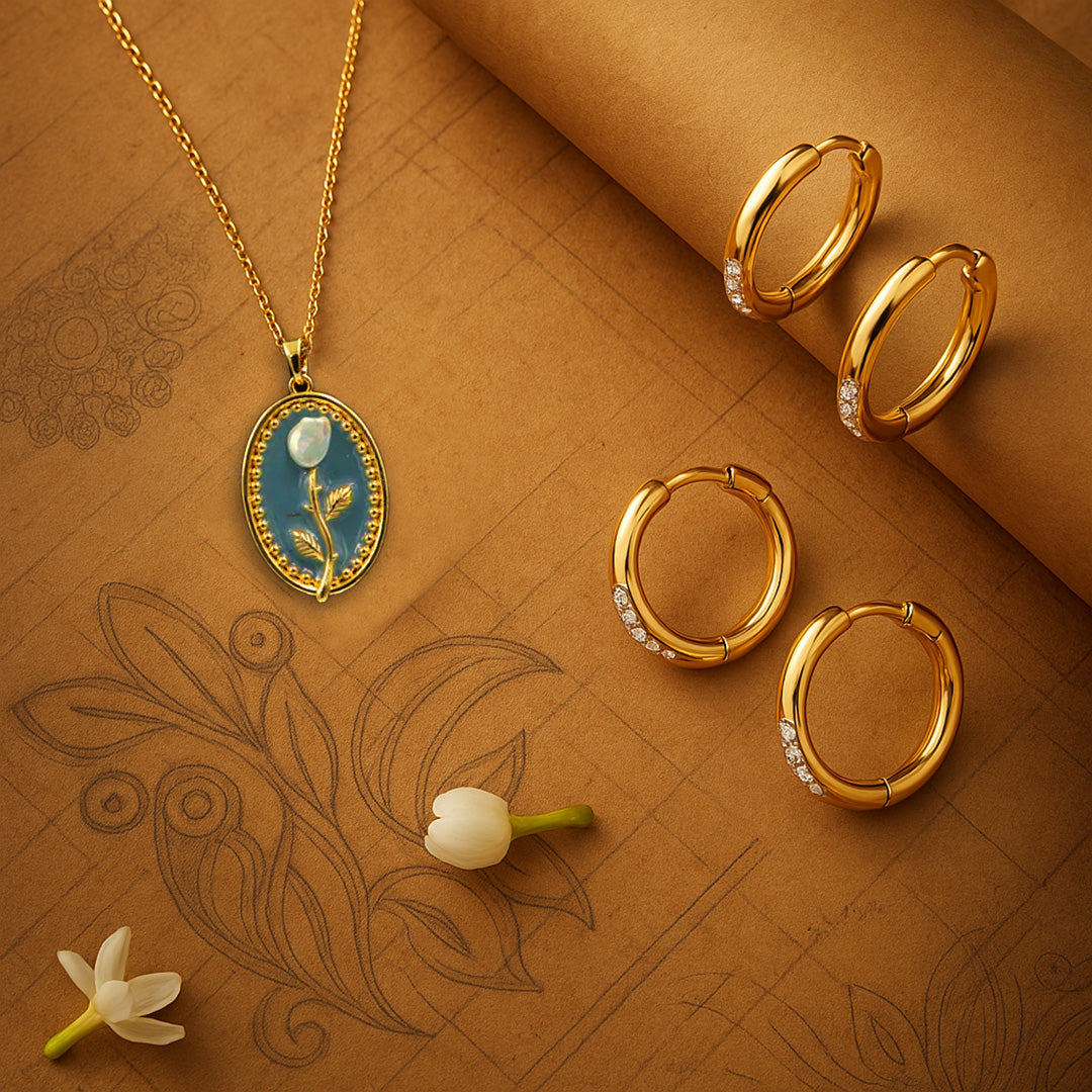 Blue Rose Enamel Necklace Gold Plated + Set of 2 Diamond Hoops Small and Big Earrings Gold Plated