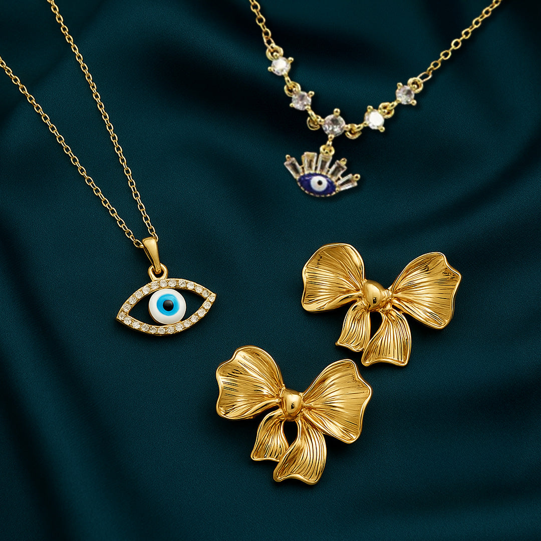 Illuminate Eye Necklace Gold Plated + Crown Evil Eye Diamond Necklace Gold Plated + Wrinkle Bow Earrings Gold Plated