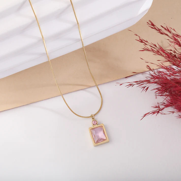 Green Emerald Diamond Necklace Gold Plated + Pink Emerald Rose Quartz Necklace + Emerald Diamond Necklace 2.0 Gold Plated
