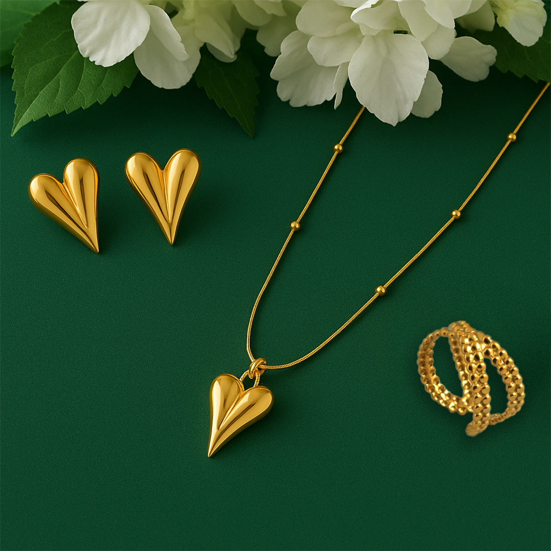 Heart Vintage Chain Necklace Gold Plated + Vintage Heart Stud Earrings Gold Plated + Crib Infinity Adjustable Ring Gold Plated