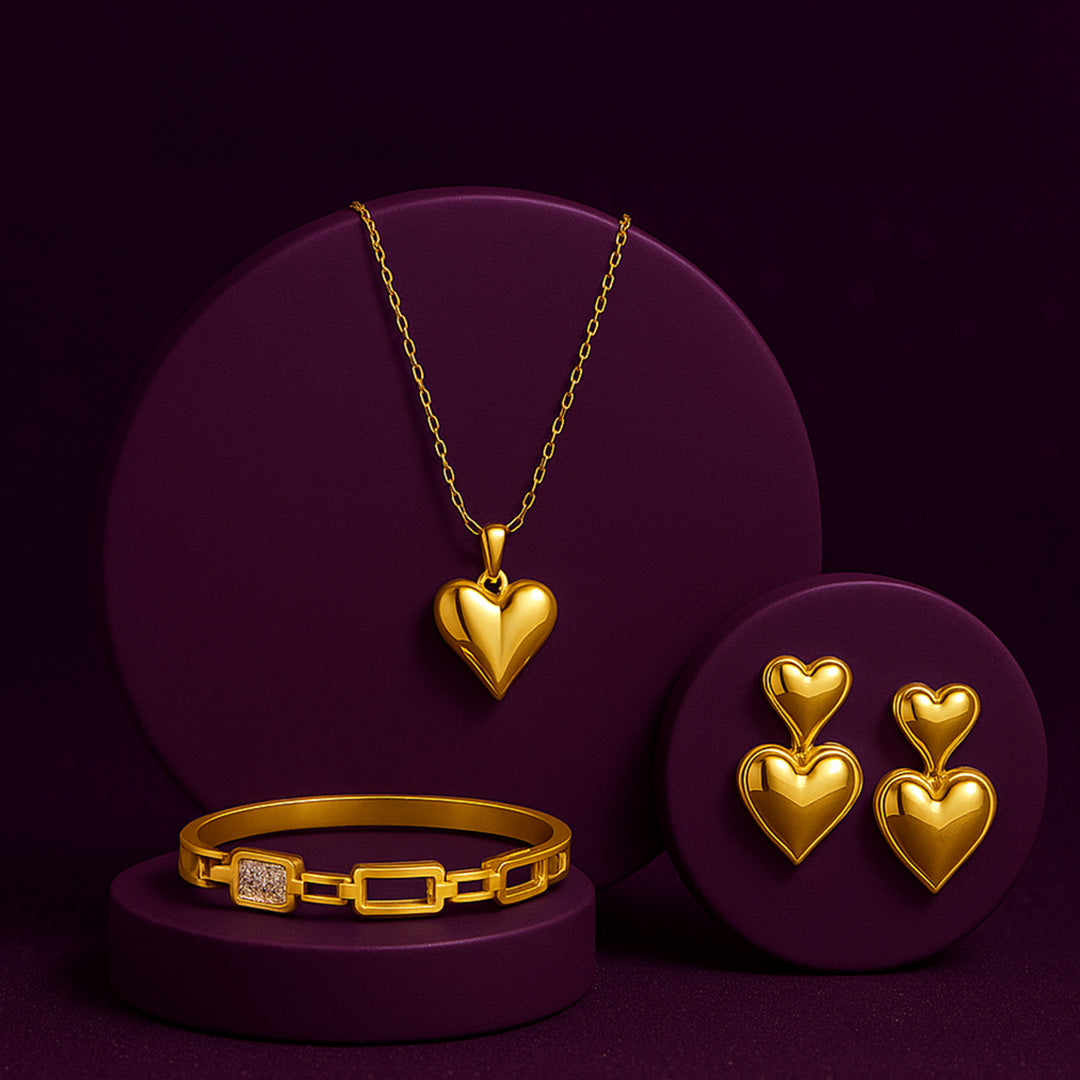 Heart Vintage Chain Necklace Gold Plated + Double Hearts Classic Earrings Gold Plated + Vera Pearl Diamond Bracelet Kada Gold Plated
