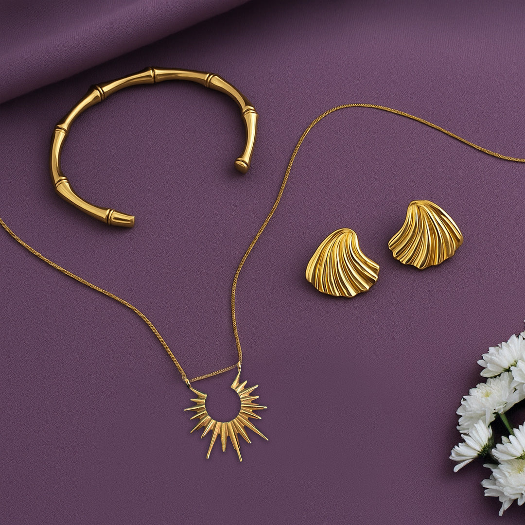 Bamboo Bracelet Kada 18k Gold Plated + Sun Necklace Gold Plated + Sea Shell Earrings Gold Plated