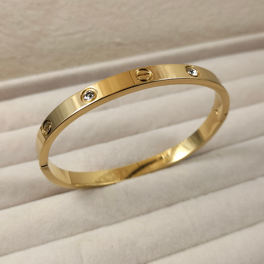 Snake Chain + Snake Bracelet + Classic V Diamond Studded Adjustable Ring + Cartier Inspired Love Bracelet Kada Gold Plated Combo