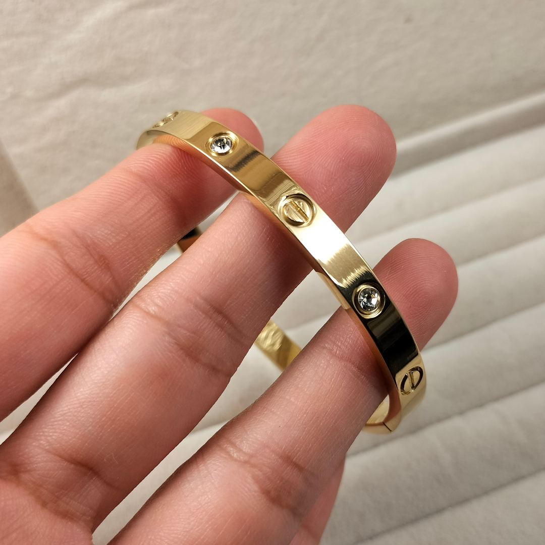 Snake Chain + Snake Bracelet + Classic V Diamond Studded Adjustable Ring + Cartier Inspired Love Bracelet Kada Gold Plated Combo