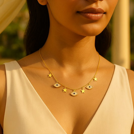 Evil Eye Star Charm Necklace Gold Plated, Waterproof and Anti-Tarnish