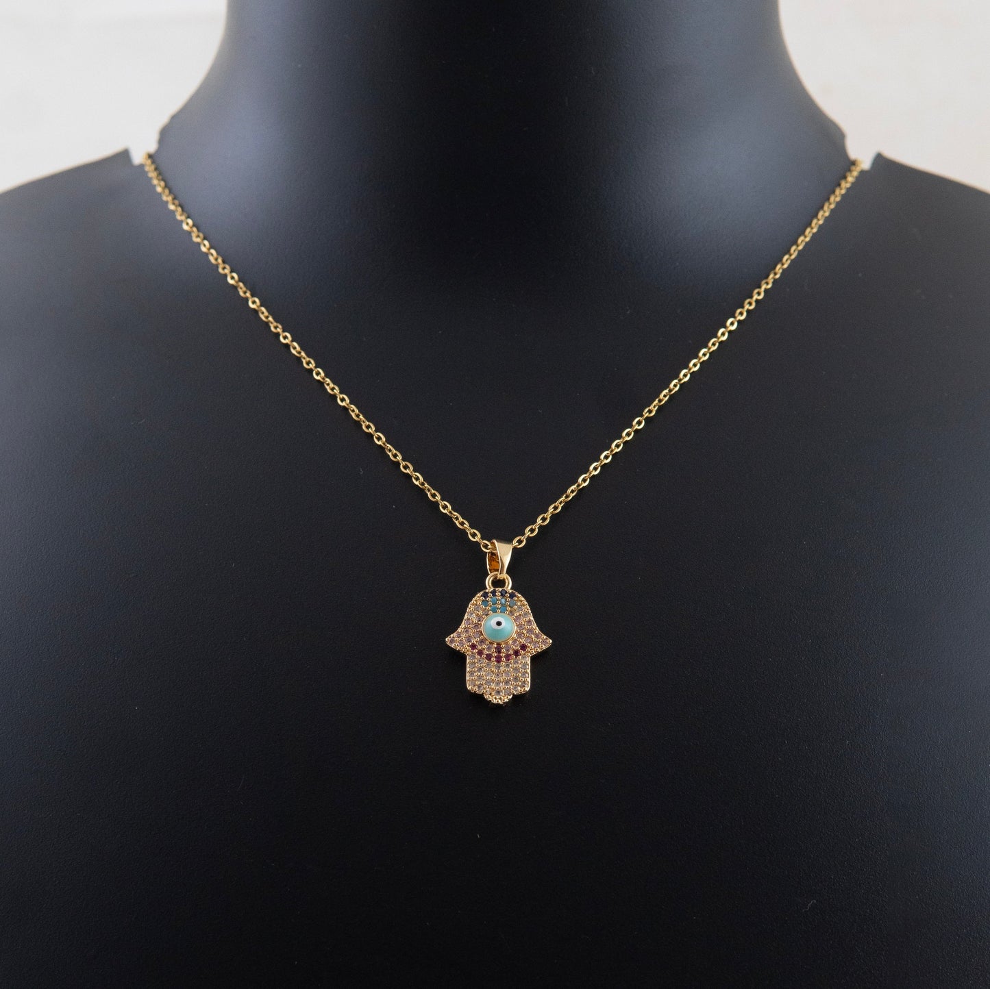 Iced Hand Evil Eye Diamond Necklace 18K Gold Plated, Waterproof and Anti-Tarnish