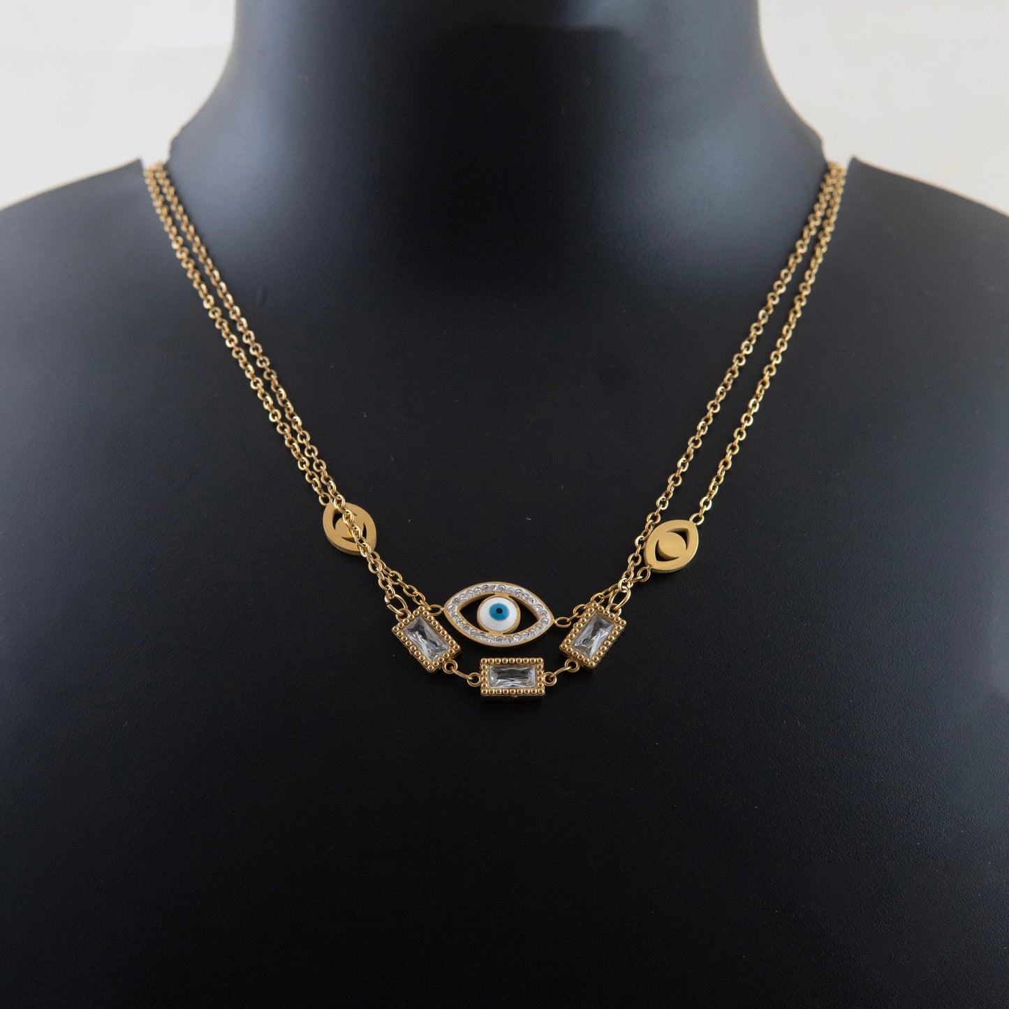 Double Chain Diamond Evil Eye Necklace Gold Plated, Waterproof and Anti-Tarnish