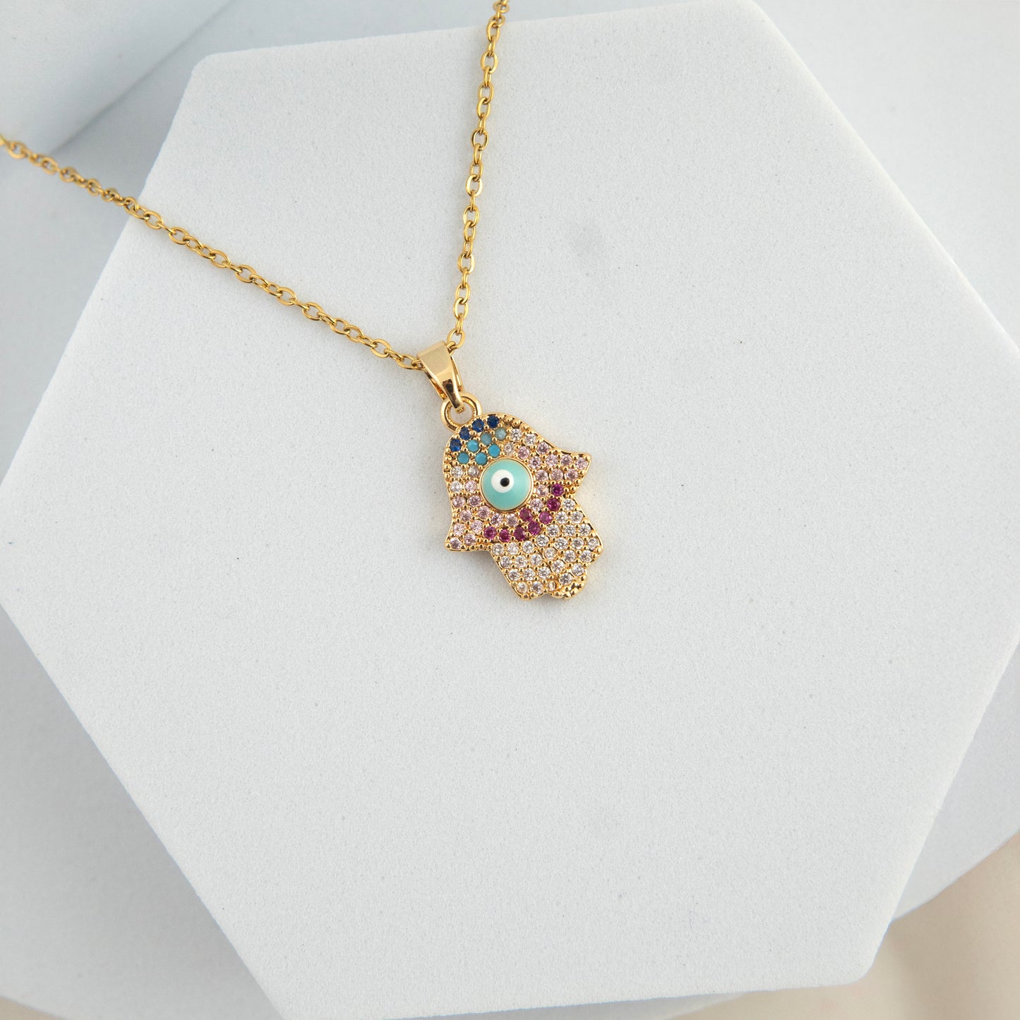 Iced Hand Evil Eye Diamond Necklace 18K Gold Plated, Waterproof and Anti-Tarnish