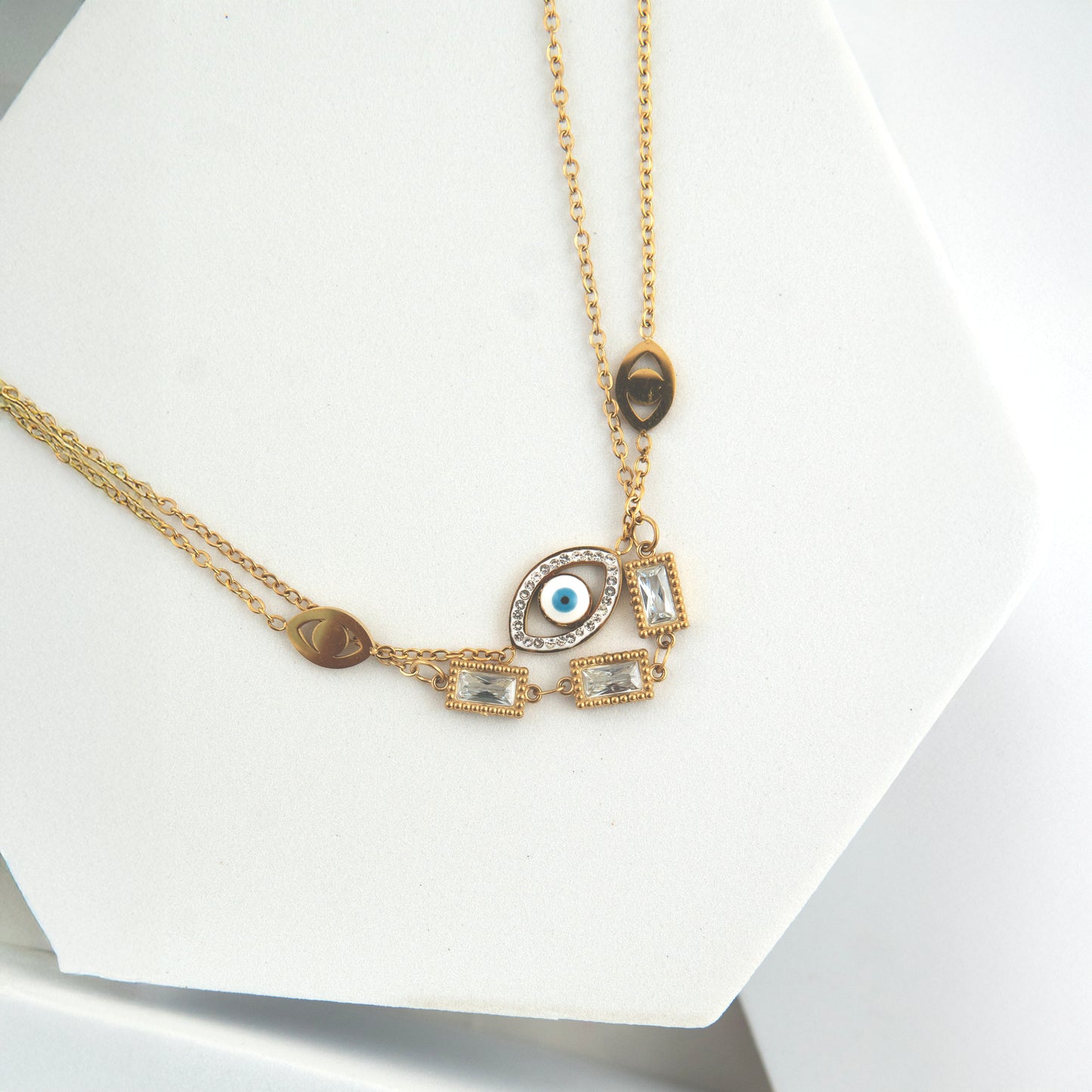 Double Chain Diamond Evil Eye Necklace Gold Plated, Waterproof and Anti-Tarnish