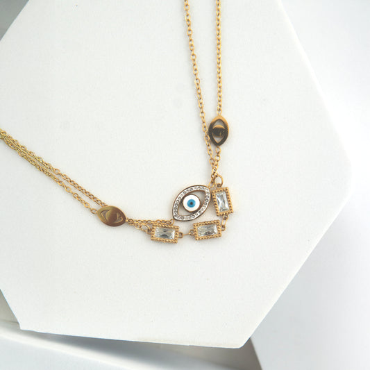 Double Chain Diamond Evil Eye Necklace Gold Plated, Waterproof and Anti-Tarnish