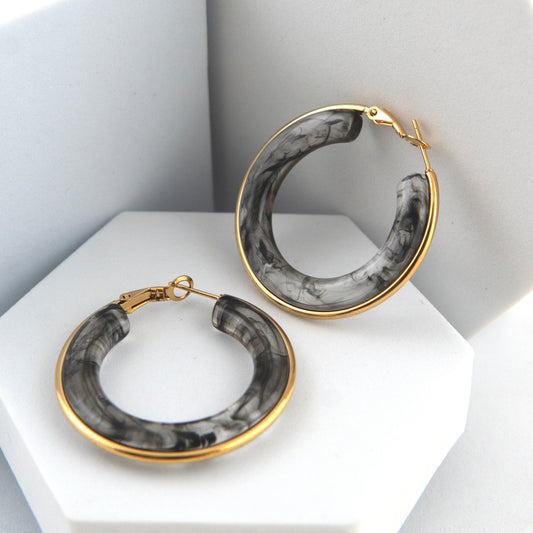 Black Smokey Hoops Earrings Gold Plated, Waterproof and Anti-Tarnish