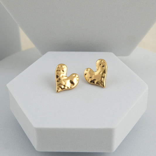 Hammered Heart Stud Earrings Gold Plated, Waterproof and Anti-Tarnish