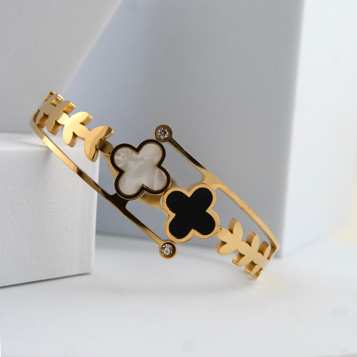 Clover Black & White Kada 18k Gold Plated, Waterproof and Anti-Tarnish