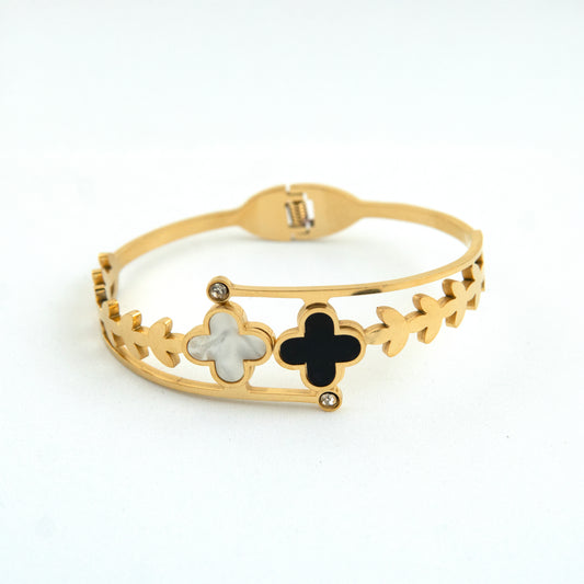 Clover Black & White Kada 18k Gold Plated, Waterproof and Anti-Tarnish