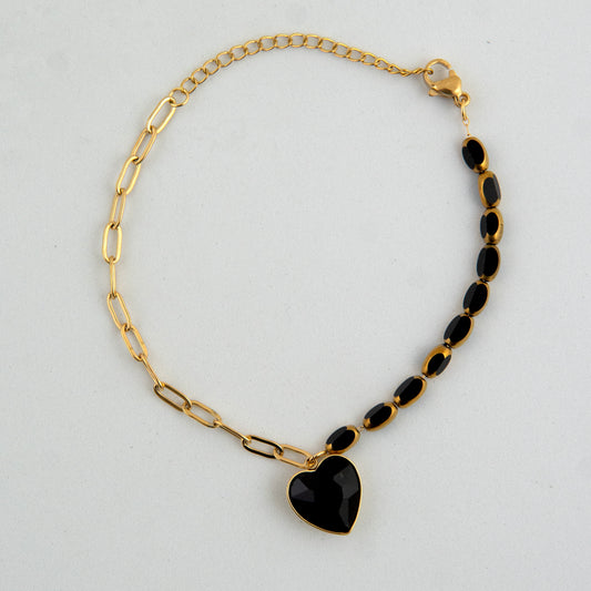 Crystal Heart Black Charm Bracelet Gold Plated, Waterproof and Anti-Tarnish - 8 inches