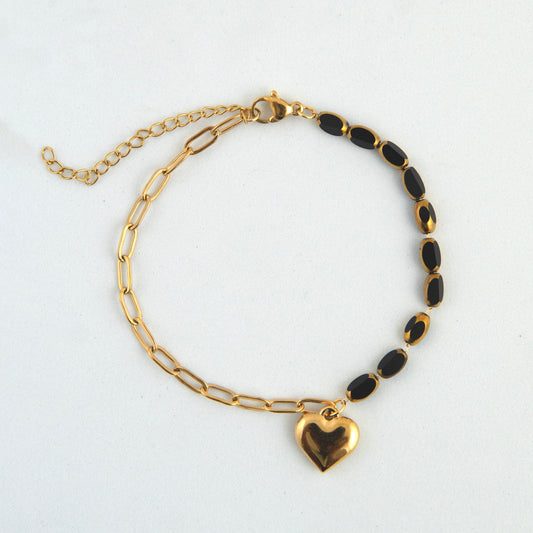 Golden Heart Charm Black Beads Bracelet Gold Plated, Waterproof and Anti-Tarnish - 8 inches