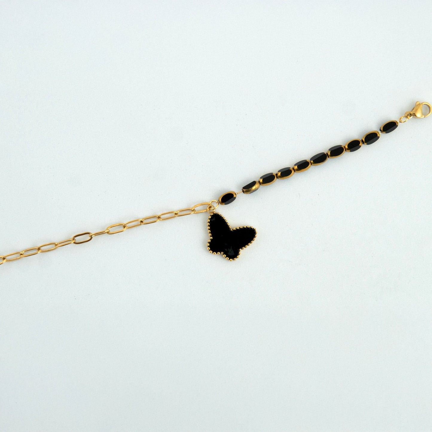 Crystal Butterfly Black Charm Bracelet Gold Plated, Waterproof and Anti-Tarnish - 8 inches