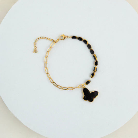 Crystal Butterfly Black Charm Bracelet Gold Plated, Waterproof and Anti-Tarnish - 8 inches