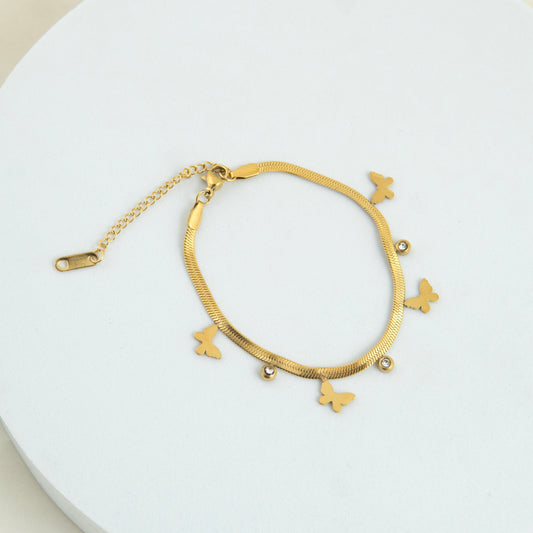 Butterfly Diamond Snake Bracelet Gold Plated, Waterproof and Anti-Tarnish - 8 inches