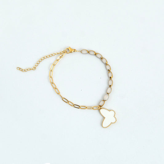 White Butterfly Beaded Bracelet Gold Plated, Waterproof and Anti-Tarnish - 8 inches