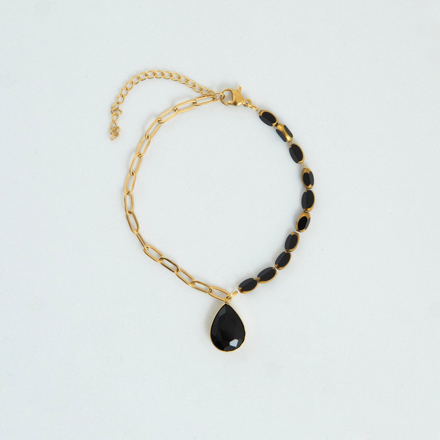 Crystal Drop Black Charm Bracelet Gold Plated, Waterproof and Anti-Tarnish - 8 inches
