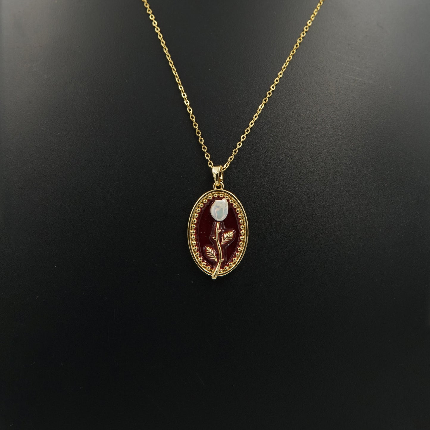 Maroon Rose Enamel Necklace Gold Plated, Waterproof and Anti-Tarnish