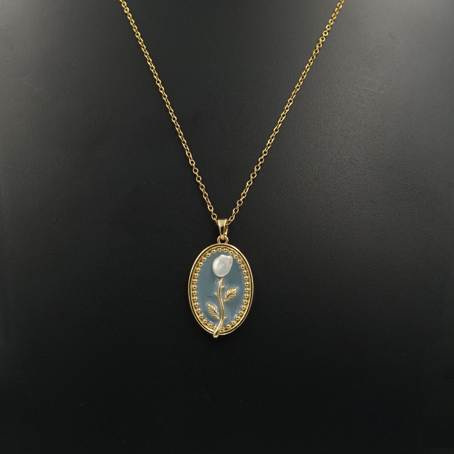 Blue Rose Enamel Necklace Gold Plated, Waterproof and Anti-Tarnish
