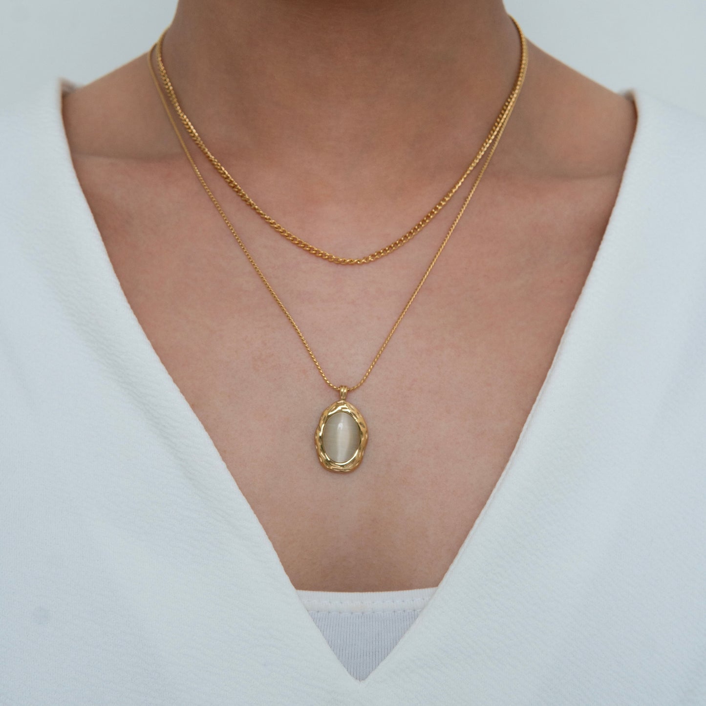 Mother of Pearl Double Chain Necklace Gold Plated, Waterproof and Anti-Tarnish