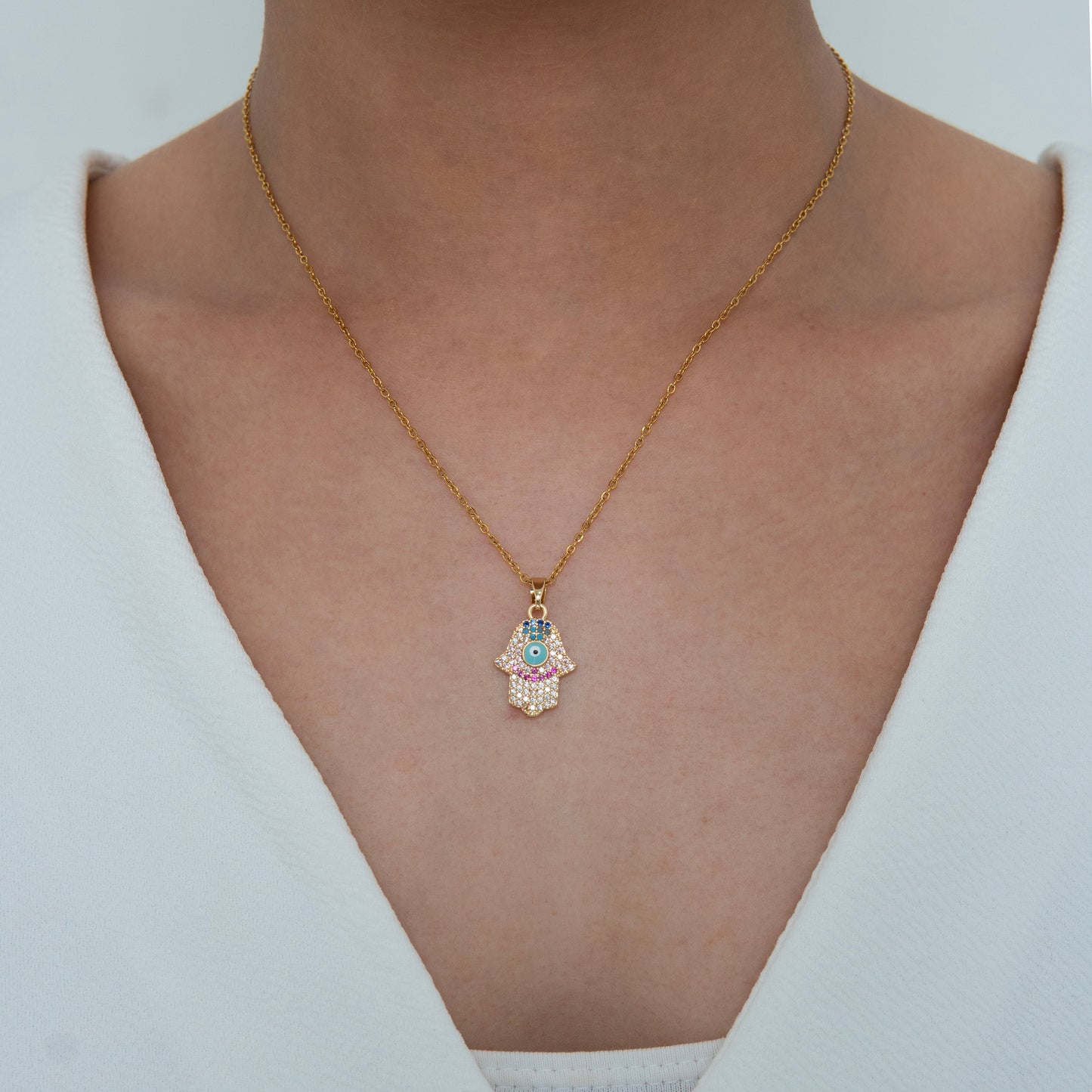 Iced Hand Evil Eye Diamond Necklace 18K Gold Plated, Waterproof and Anti-Tarnish