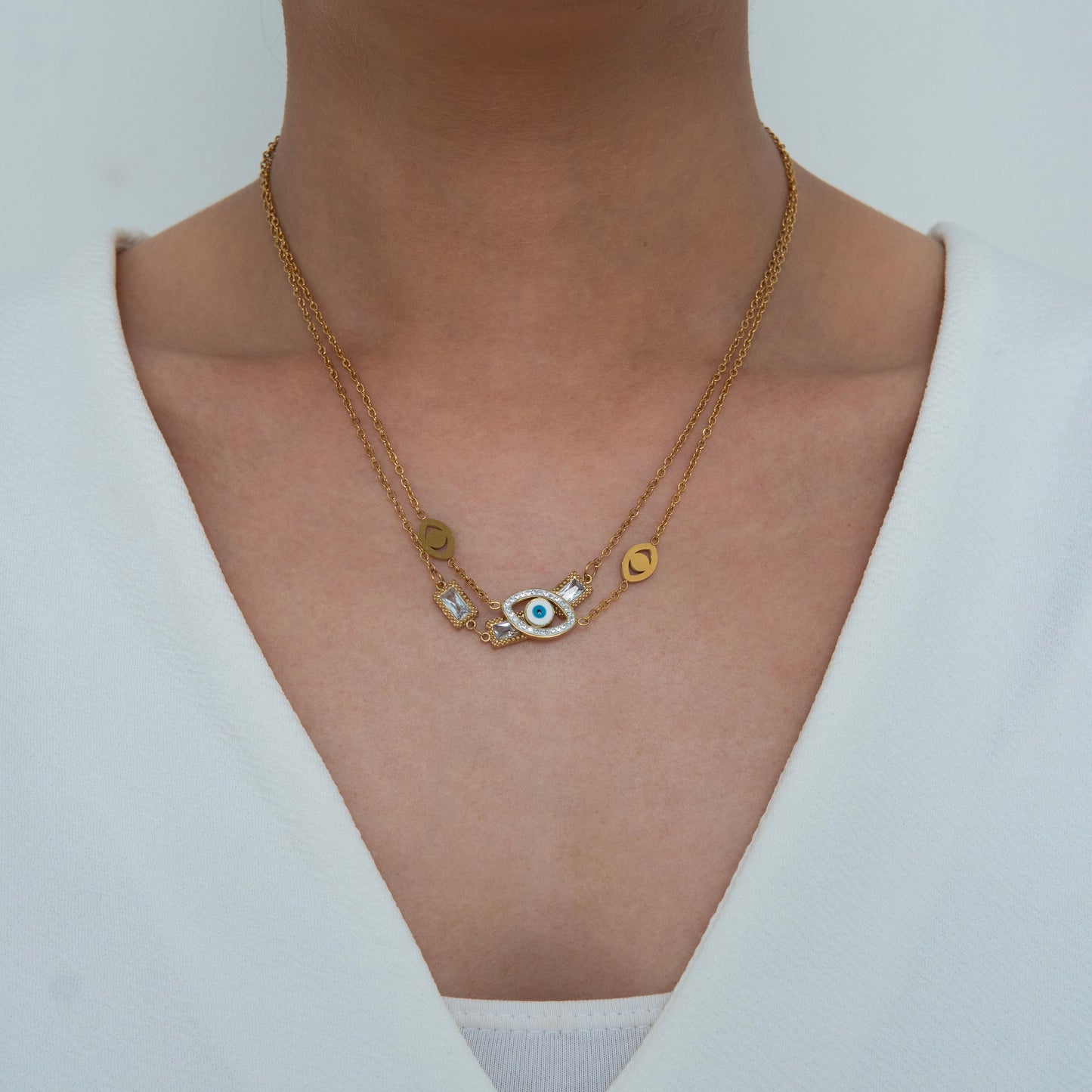 Double Chain Diamond Evil Eye Necklace Gold Plated, Waterproof and Anti-Tarnish