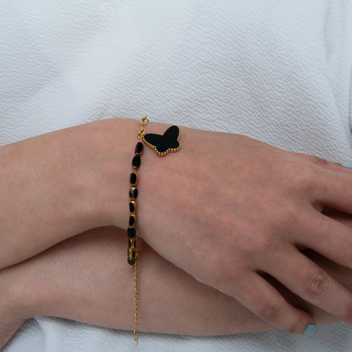 Crystal Butterfly Black Charm Bracelet Gold Plated, Waterproof and Anti-Tarnish - 8 inches