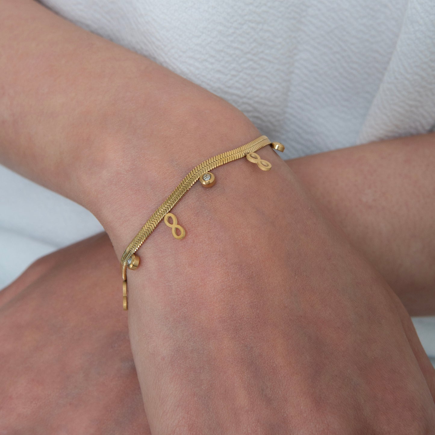 Infinity Diamond Charm Snake Bracelet Gold Plated, Waterproof and Anti-Tarnish - 8 inches