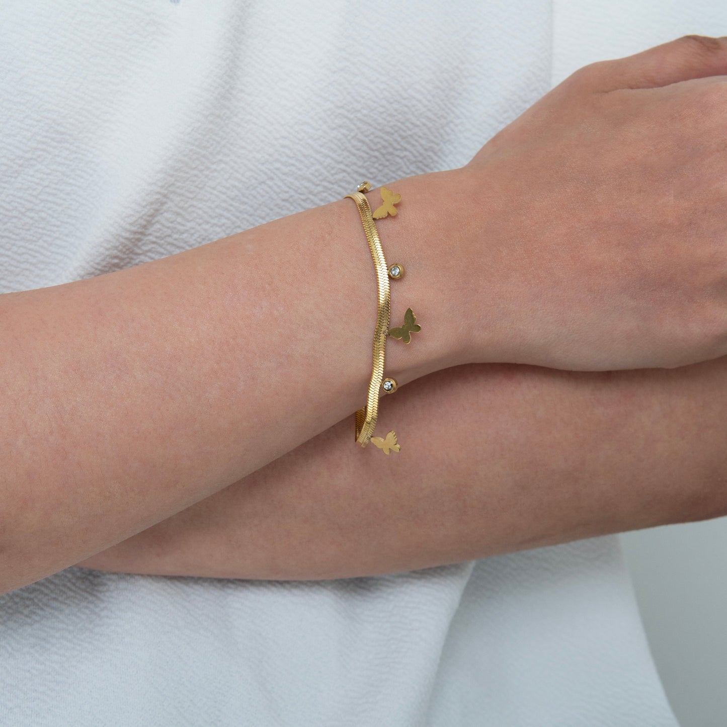 Butterfly Diamond Snake Bracelet Gold Plated, Waterproof and Anti-Tarnish - 8 inches