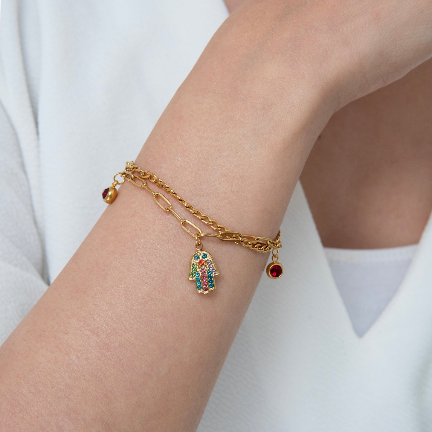 RGB Diamond Hand Charm Bracelet Gold Plated, Waterproof and Anti-Tarnish - 8 inches