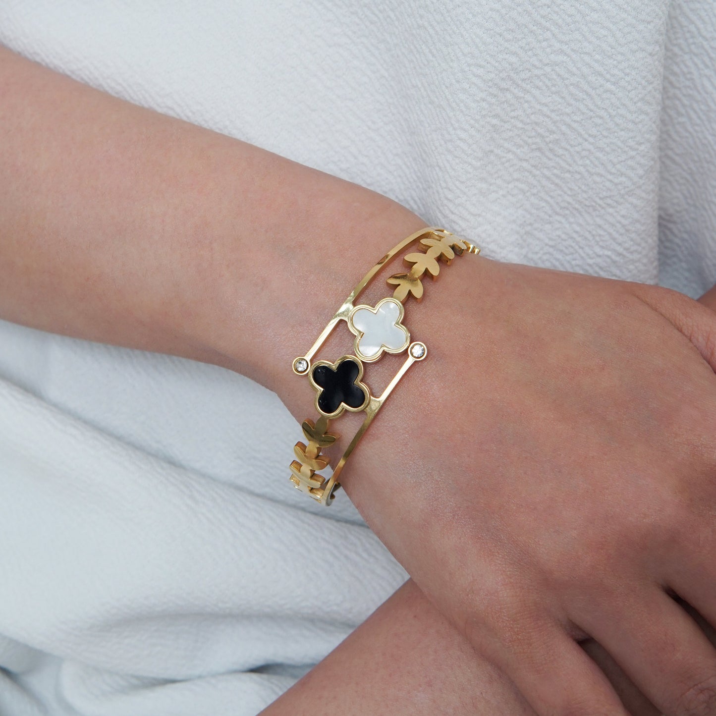 Clover Black & White Kada 18k Gold Plated, Waterproof and Anti-Tarnish