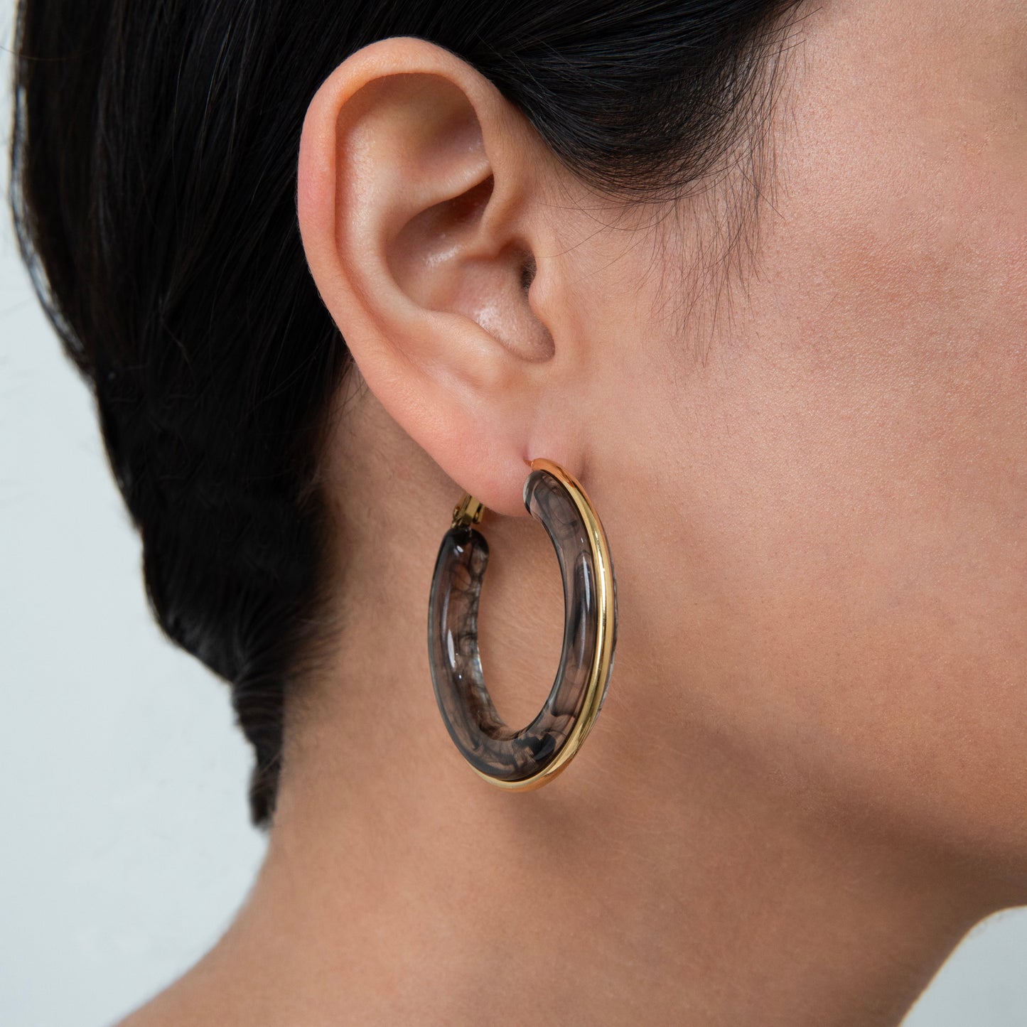 Black Smokey Hoops Earrings Gold Plated, Waterproof and Anti-Tarnish