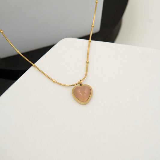 Pink Sapphire Pearl Heart Necklace Gold Plated, Waterproof and Anti-Tarnish