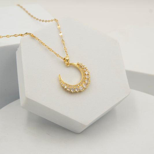 Iced Moon Diamond Necklace Gold Plated, Waterproof and Anti-Tarnish