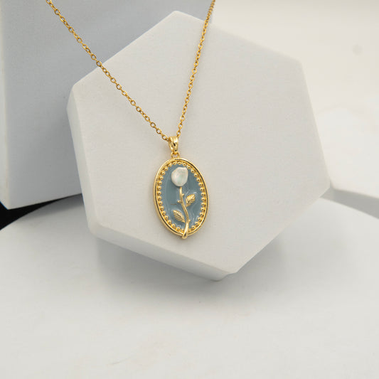 Blue Rose Enamel Necklace Gold Plated, Waterproof and Anti-Tarnish