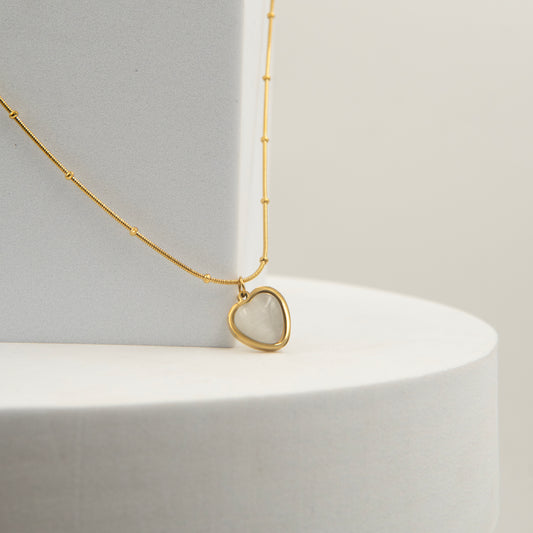 White Sapphire Pearl Heart Necklace Gold Plated, Waterproof and Anti-Tarnish