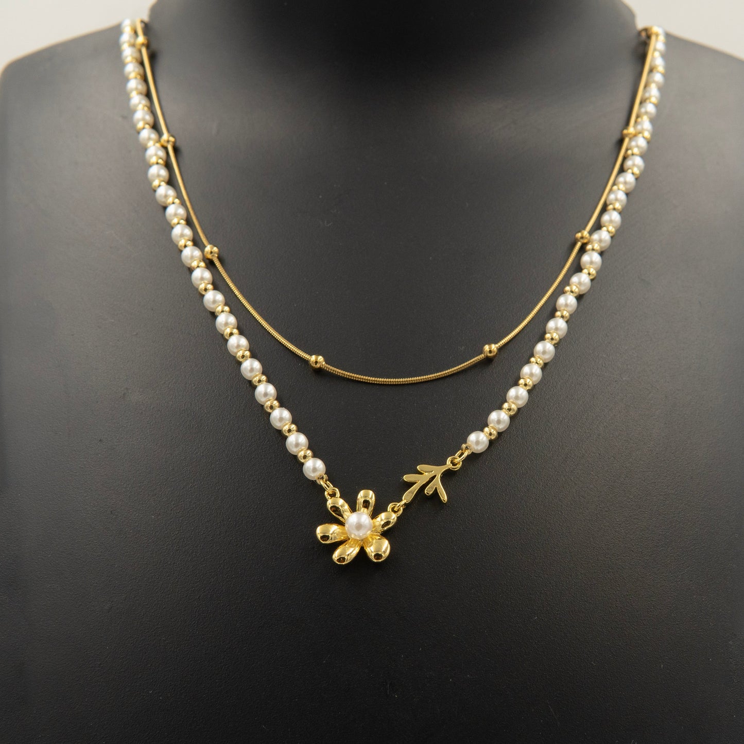 Pearl Vintage Dual Chain Layered Necklace 18K Gold Plated, Waterproof and Anti-Tarnish