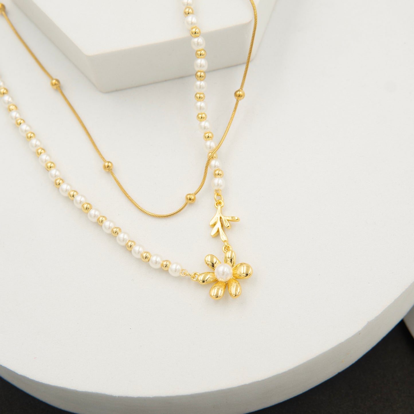 Pearl Vintage Dual Chain Layered Necklace 18K Gold Plated, Waterproof and Anti-Tarnish