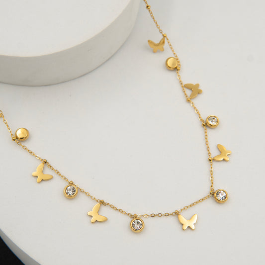 Butterfly Diamond Charms Necklace Gold Plated, Waterproof and Anti-Tarnish