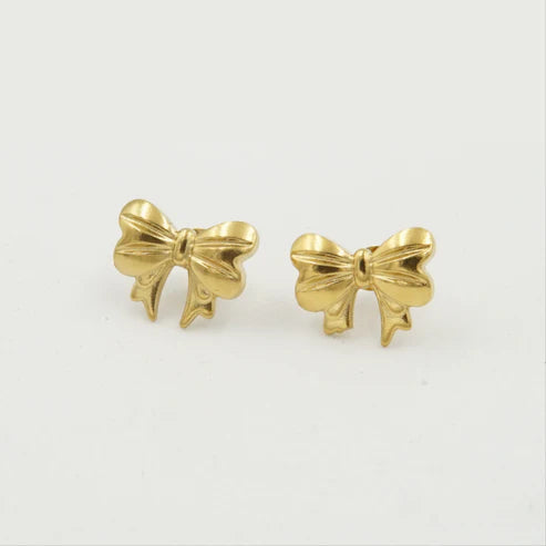 Small Bow Earrings Gold Plated + Tri Petal Earrings Gold Plated + Pearl Strip Earrings Gold Plated