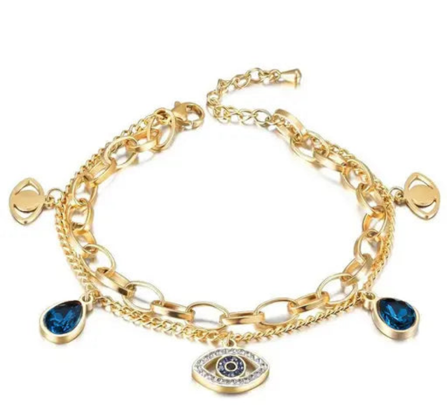 Blue Evil Eye Charms Bracelet Gold