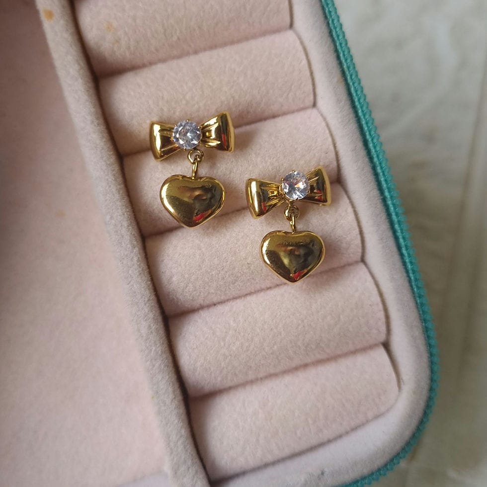 Dangling Diamond Bow Earrings Gold Plated, Waterproof and Anti-Tarnish
