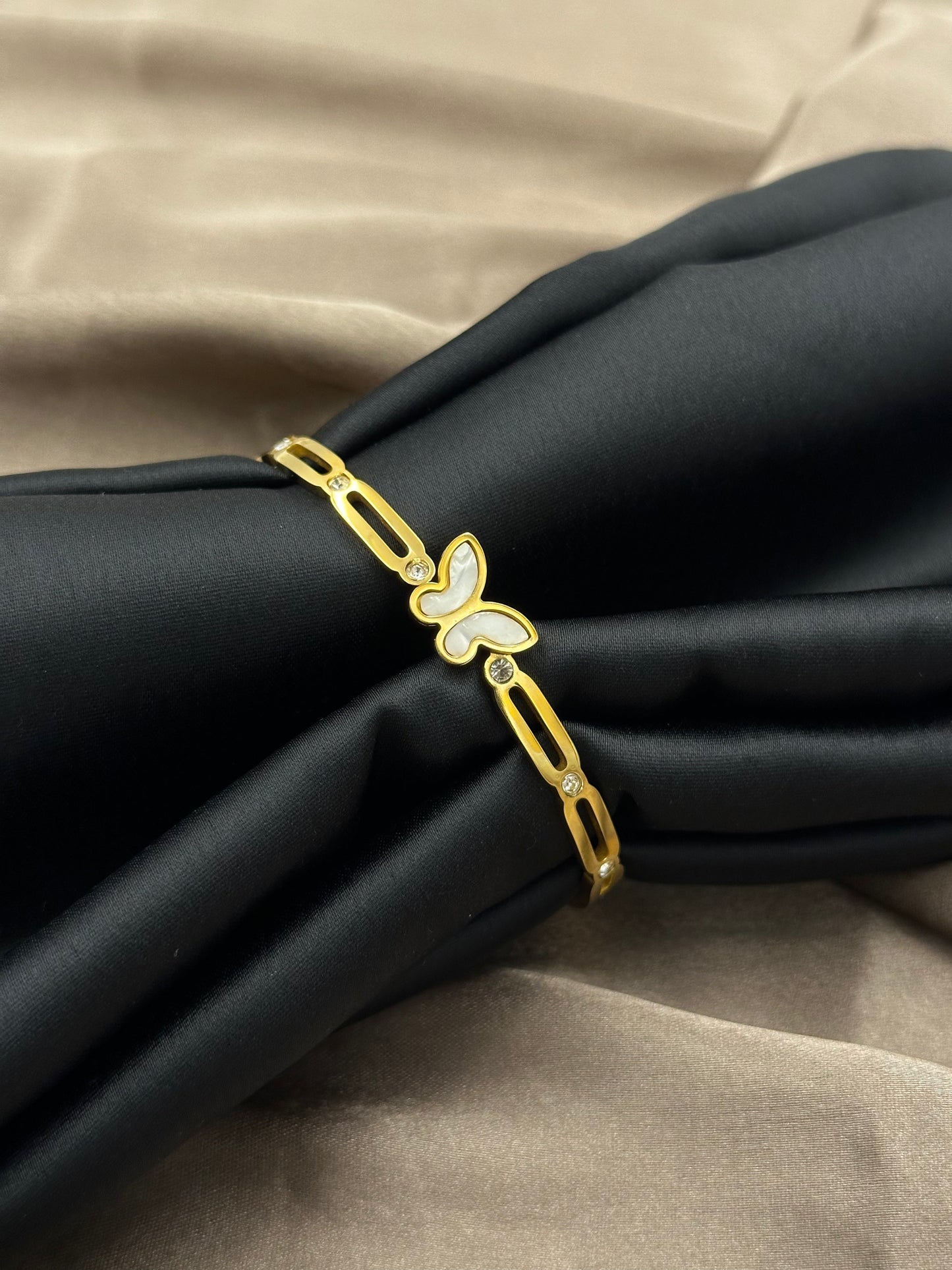 Butterfly Pearl Cuff Bangle Bracelet Kada Gold NLK151G Gold Plated, Waterproof and Anti-Tarnish